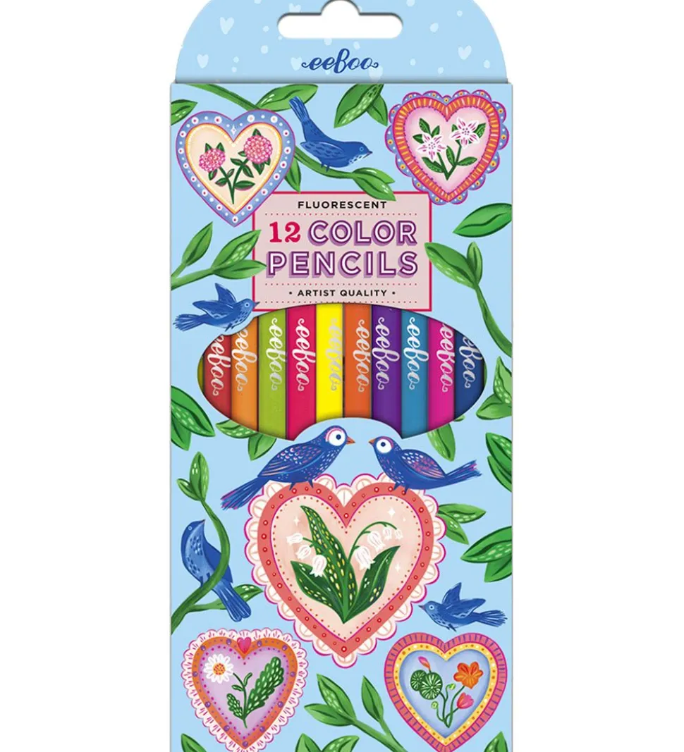 Eeboo Farveblyanter - 12 Stk. - Neon - Hearts & Birds