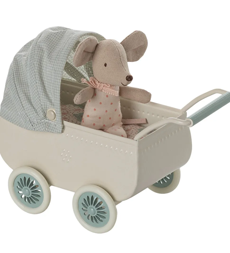 Maileg Miniature Dukkevogn m. Baby Mus - Mus - Mint