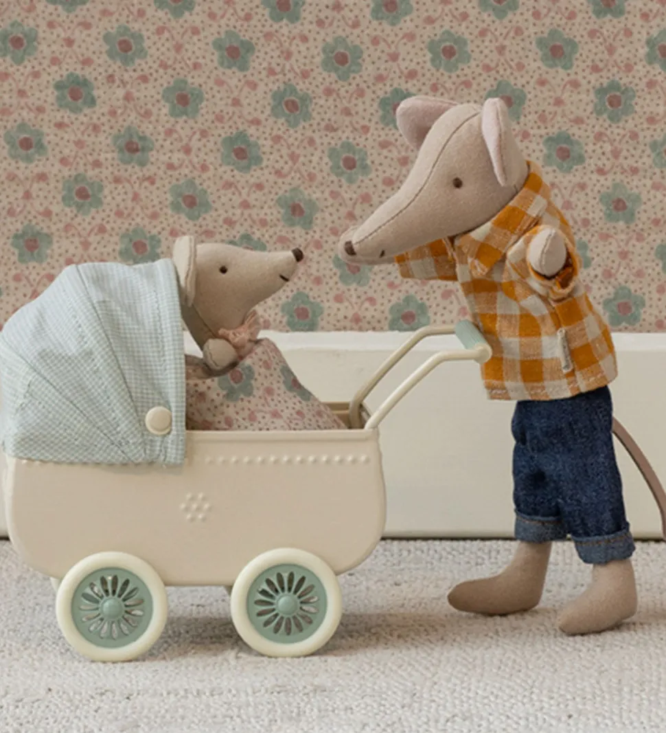 Maileg Miniature Dukkevogn m. Baby Mus - Mus - Mint